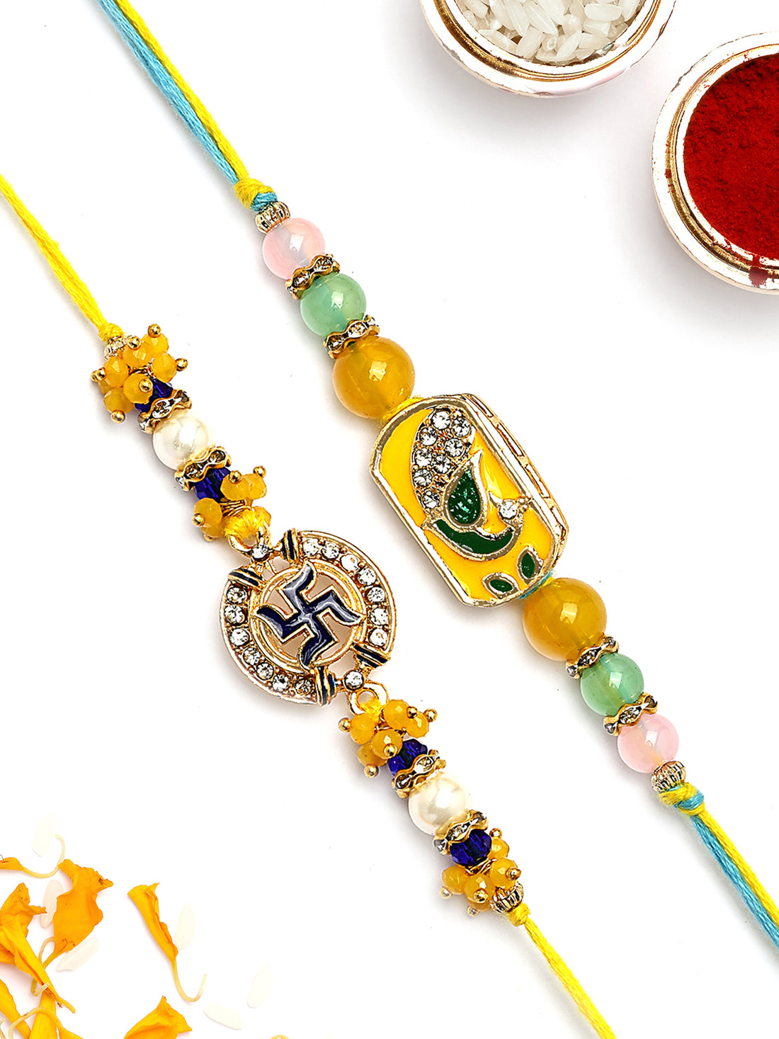 KARATCART Set of 2 Peacock and Swastik Design Enamel Kundan Rakhi for Brother with Roli & Chawal