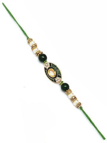 Karatcart Set of 3 Green and Pink Enamel Floral Design Rakhi for Brother with Roli & Chawal