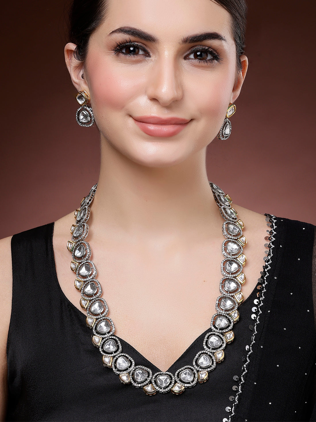 Karatcart Antique Silver and Gold Plated Kundan Rani Haar Necklace Set for Women