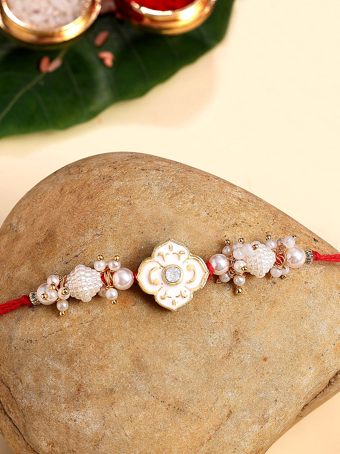 Karatcart Gold Plated White Meena Floral Kundan Bhiya Rakhi with Roli & Chawal
