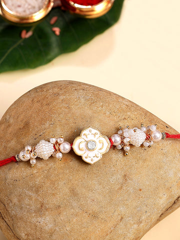 KARATCART Gold Plated White Meena Floral Kundan Bhaiya Rakhi with Roli & Chawal