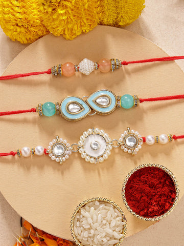 KARATCART Set of 3 Handmade Meenakari Floral Kundan Rakhis for Brother with Roli & Chawal