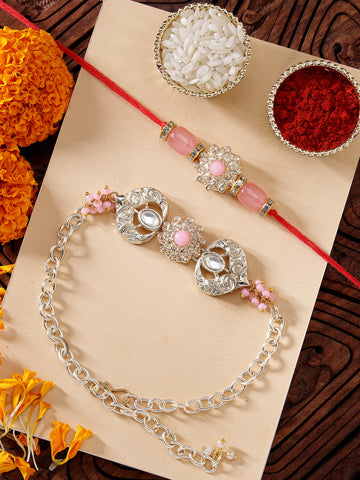 KARATCART Pink Stone Heart Shape Handmade Kundan Bhaiya Bhabhi Rakhi with Roli & Chawal