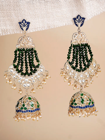 Karatcart Elegant Gold Plated Green Crystal Kundan Meenakari Dangler Jhumki Earrings for Women