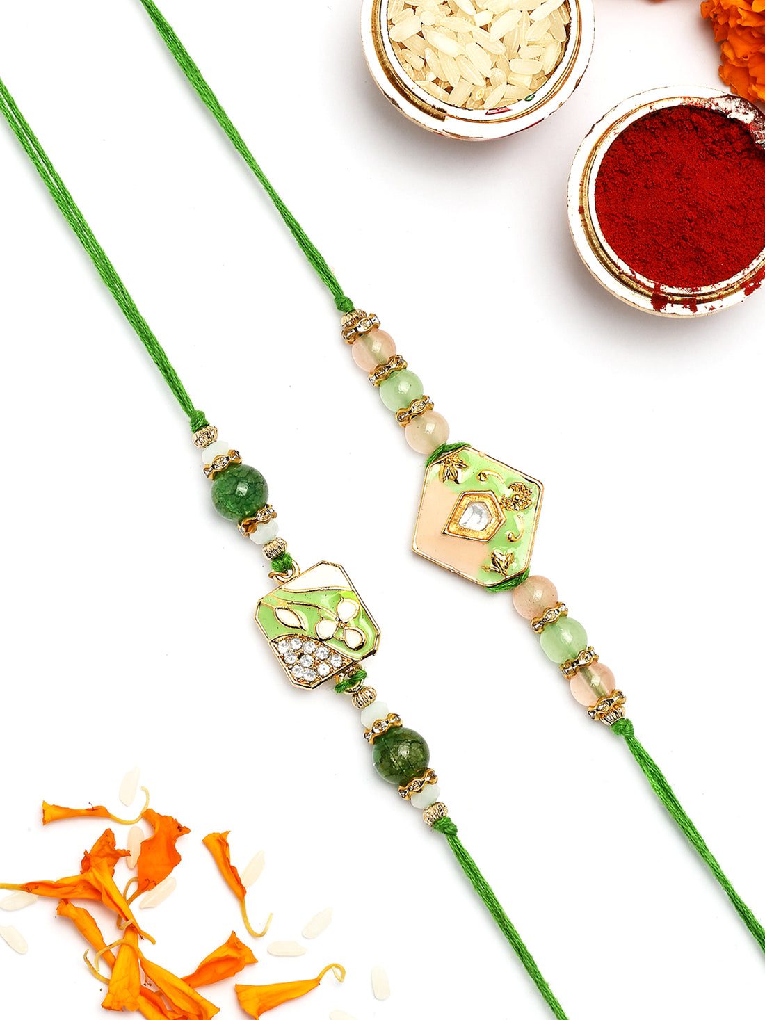 KARATCART Set of 2 Green and Pink Enamel Kundan Rakhi for Brother with Roli & Chawal