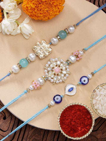 KARATCART Set of 3 Handmade Floral Meenakari Evil Eye Kundan Rakhis for Brother with Roli and Chawal