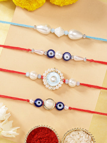 KARATCART Set of 4 Pearl Handmade Meenakari Evil Eye Kundan Rakhis for Brother with Roli and Chawal