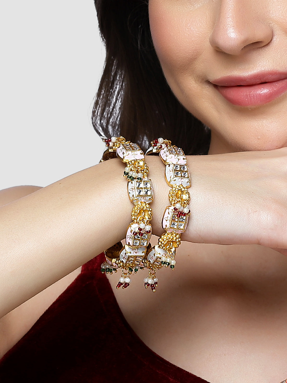 Karatcart Set of 2 Gold Plated Pink and Grey Meena Bangles Set for Women