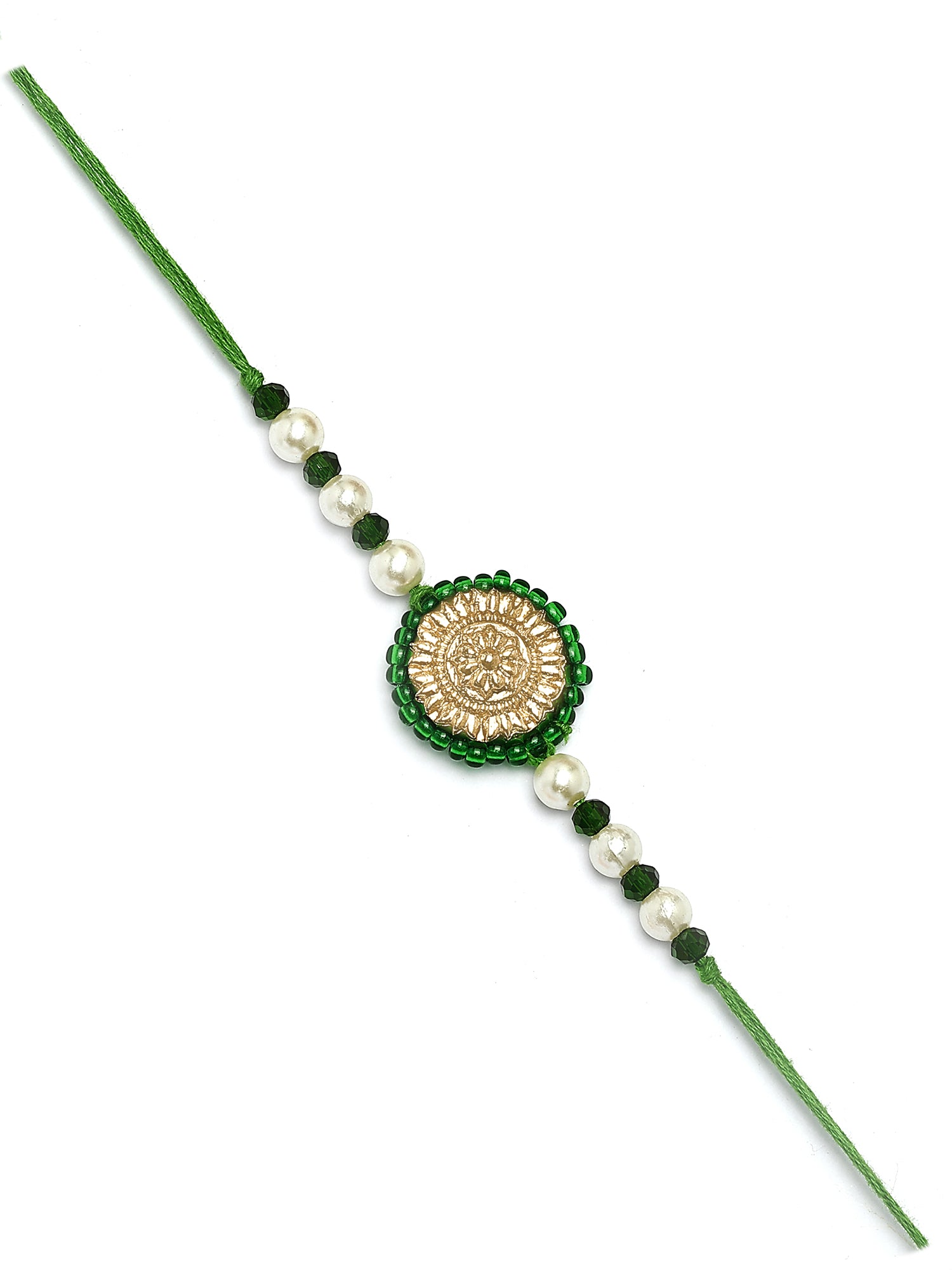 Karatcart Gold Plated Green Crystal Floral Kundan Bhiya Rakhi with Roli & Chawal