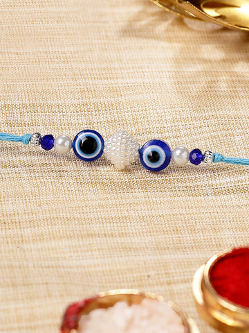 KARATCART Gold Plated Blue Evil Eye Bhaiya Rakhi with Roli & Chawal