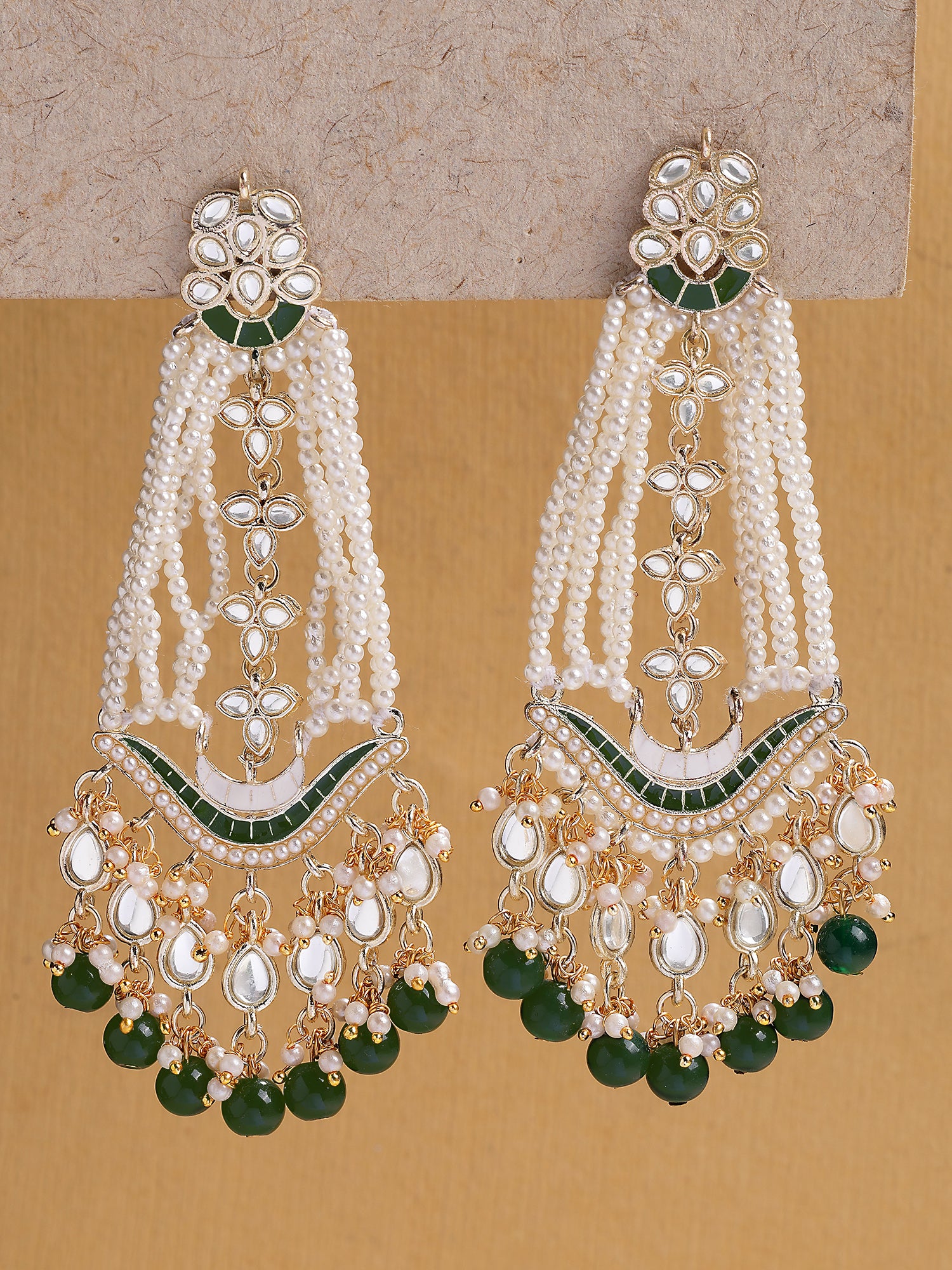 Karatcart Designer Green Beads and Pearl Gold-Plated Long Kundan Dangler Earrings for Women