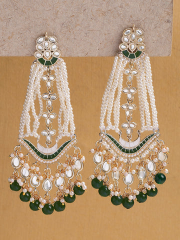 Karatcart Designer Green Beads and Pearl Gold-Plated Long Kundan Dangler Earrings for Women