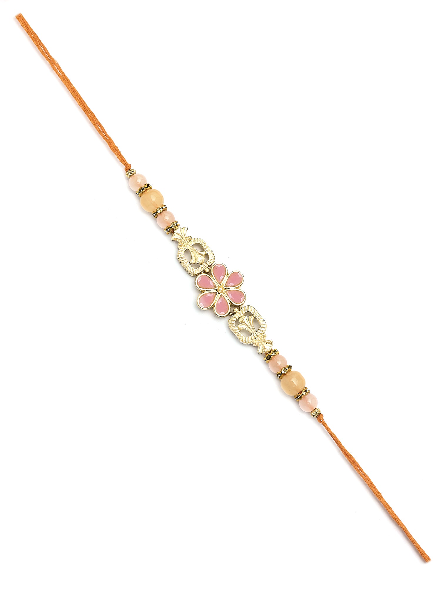 Karatcart Gold Plated Pink Floral Kundan Bhiya Bhabhi Rakhi with Roli & Chawal