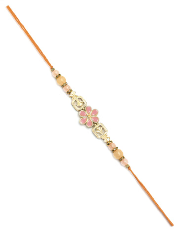 Karatcart Gold Plated Pink Floral Kundan Bhiya Bhabhi Rakhi with Roli & Chawal