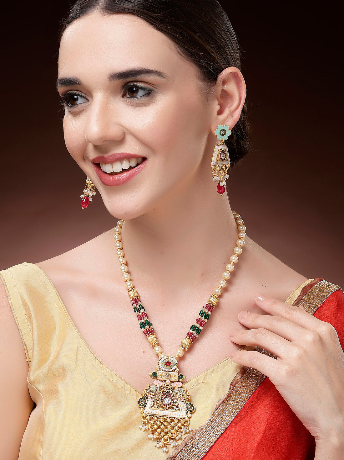 Karatcart Ethnic Gold Plated Meenakari Work Rani Haar Necklace Set for Women