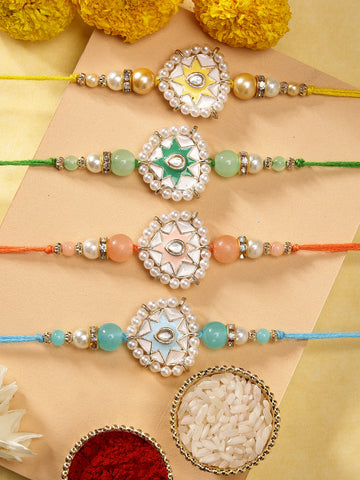 KARATCART Set of 4 Handmade Meenakari Heart Shape Kundan Rakhis for Brother with Roli & Chawal