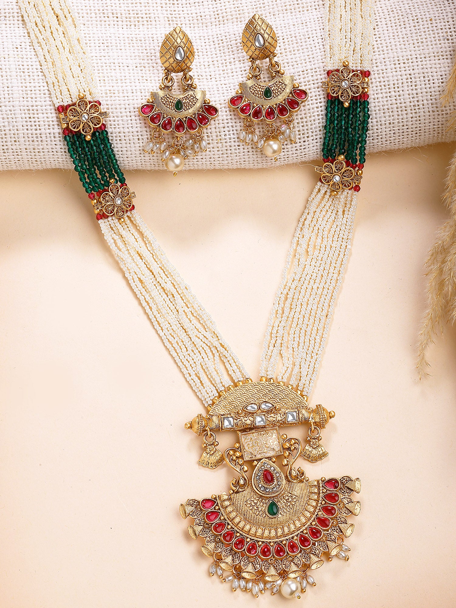 KARATCART Royal Pearl Beaded Gold-Plated Kundan Rani Haar Necklace Set for Women