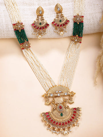 KARATCART Royal Pearl Beaded Gold-Plated Kundan Rani Haar Necklace Set for Women