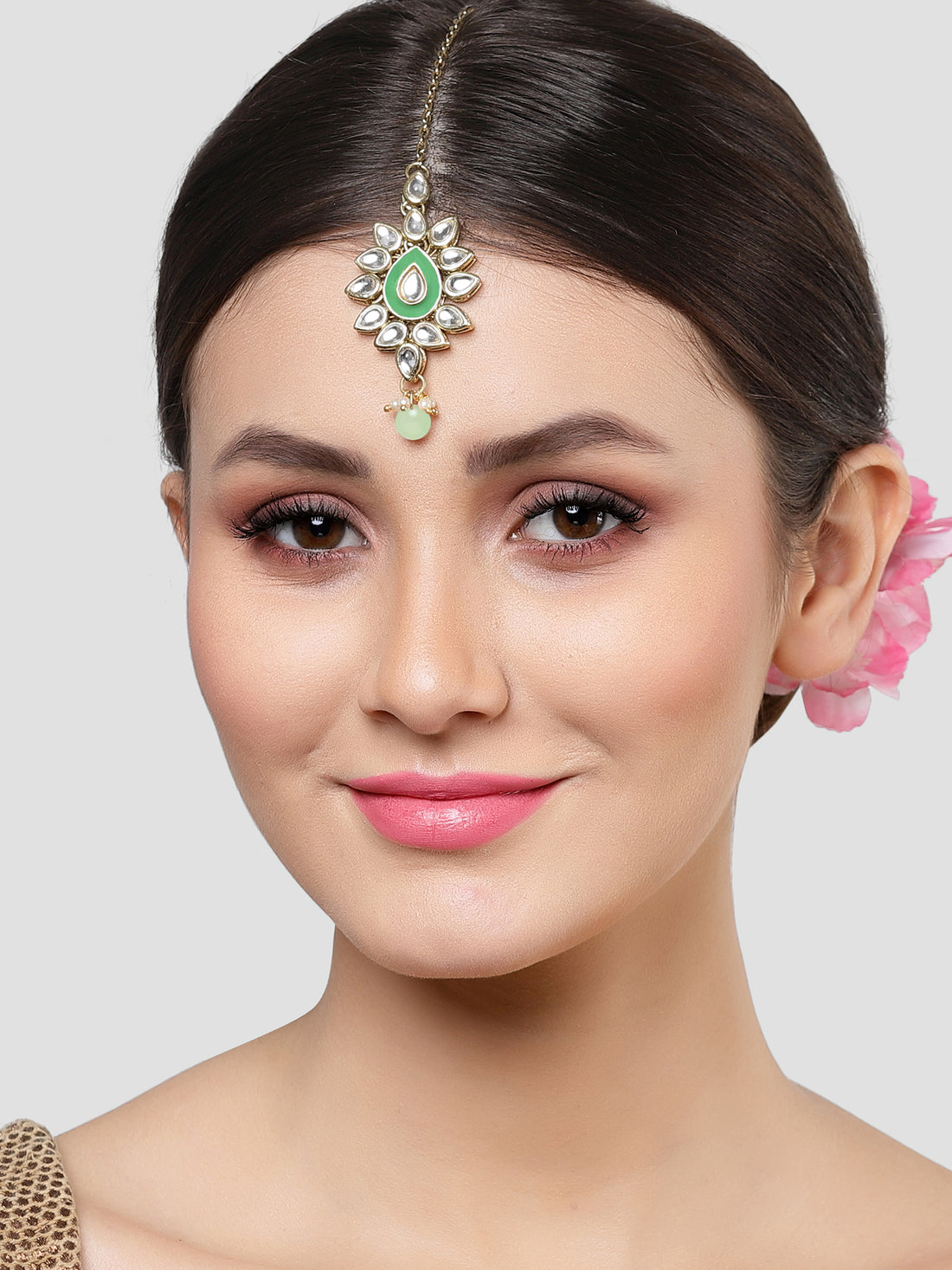 Karatcart Gold Plated Light Green Meena Kundan Maangtikka for Women