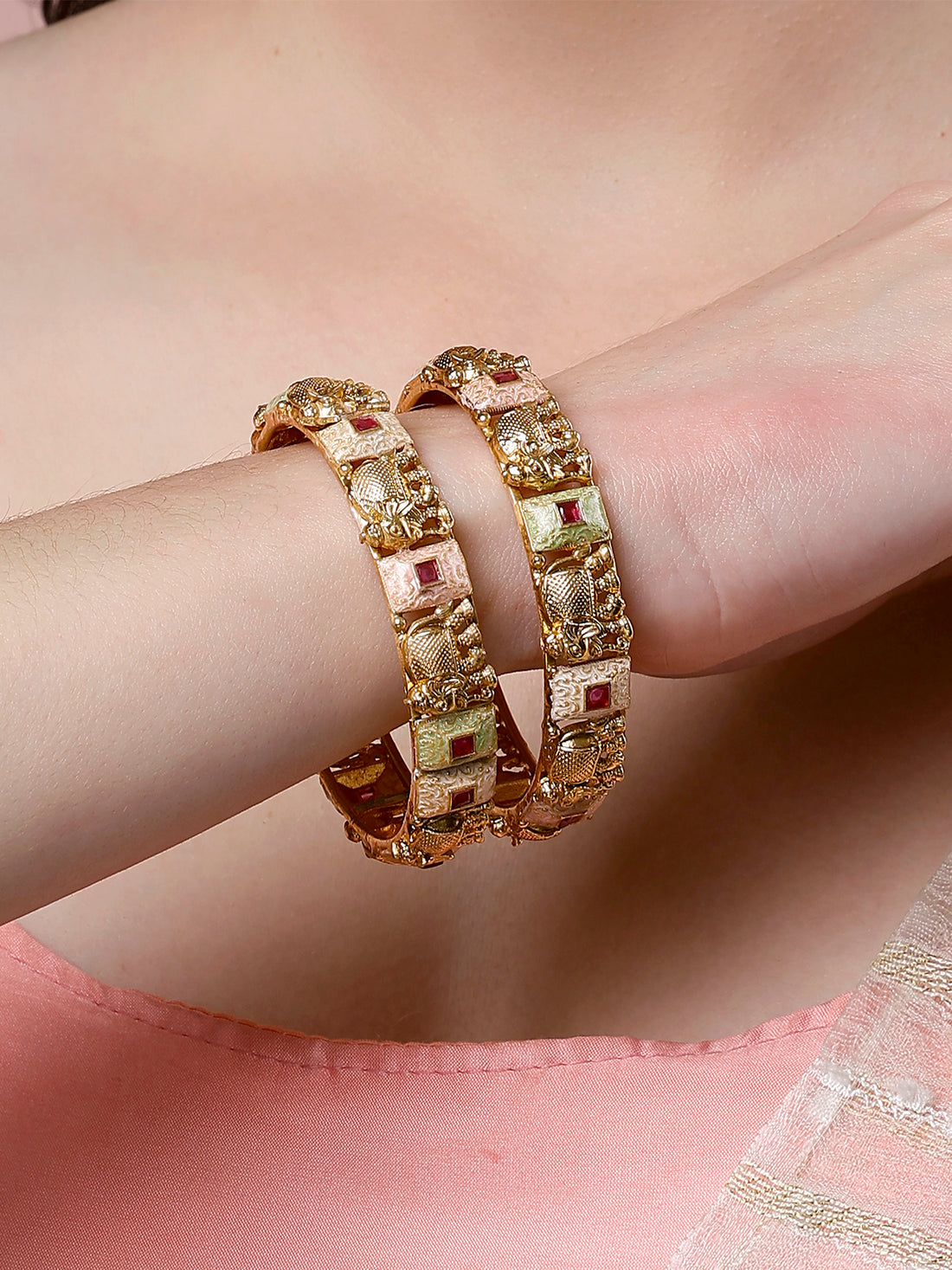 Karatcart Set of 2 Gold Plated Elephant Design Pink and Lime Green Meena Bangles for Women