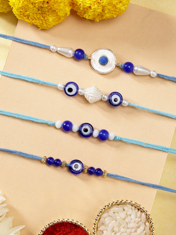 KARATCART Set of 4 Handmade Blue Beads Meenakari Evil Eye Kundan Rakhis for Brother with Roli and Chawal