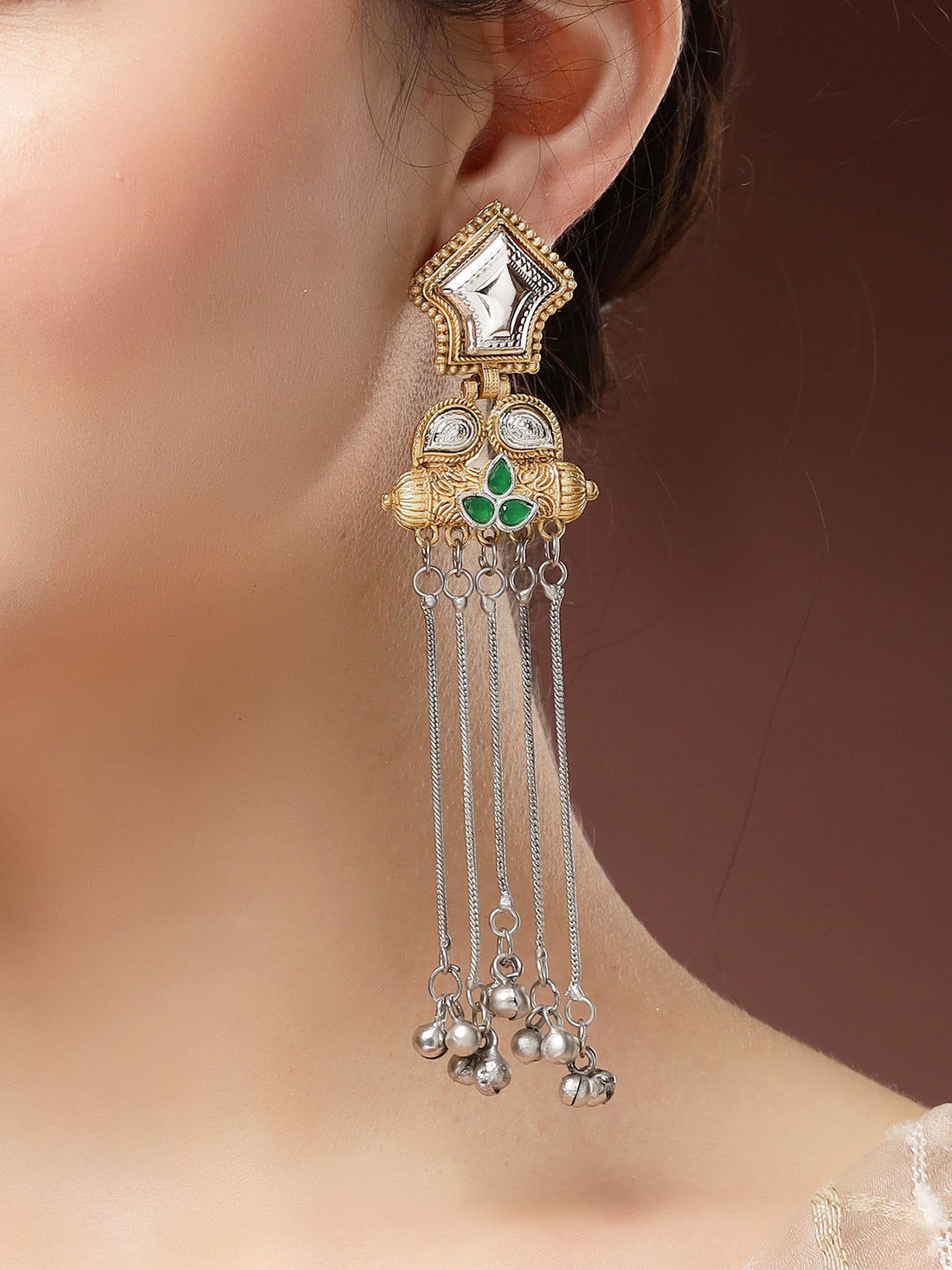 Karatcart Ethnic Gold and Silver Plated Green Stone Drop Earrings with Long Chain Tassels