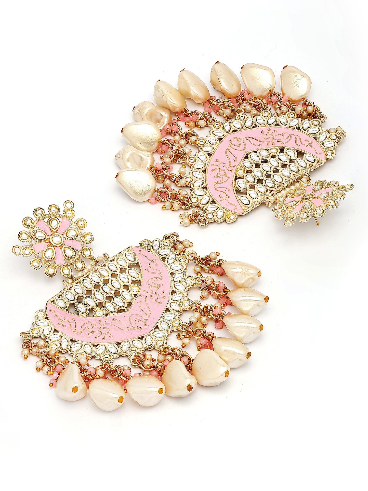 KARATCART Designer Gold-Plated Pink Meena and Pearl Studded Kundan Chandbali Earrings for Women - view 5