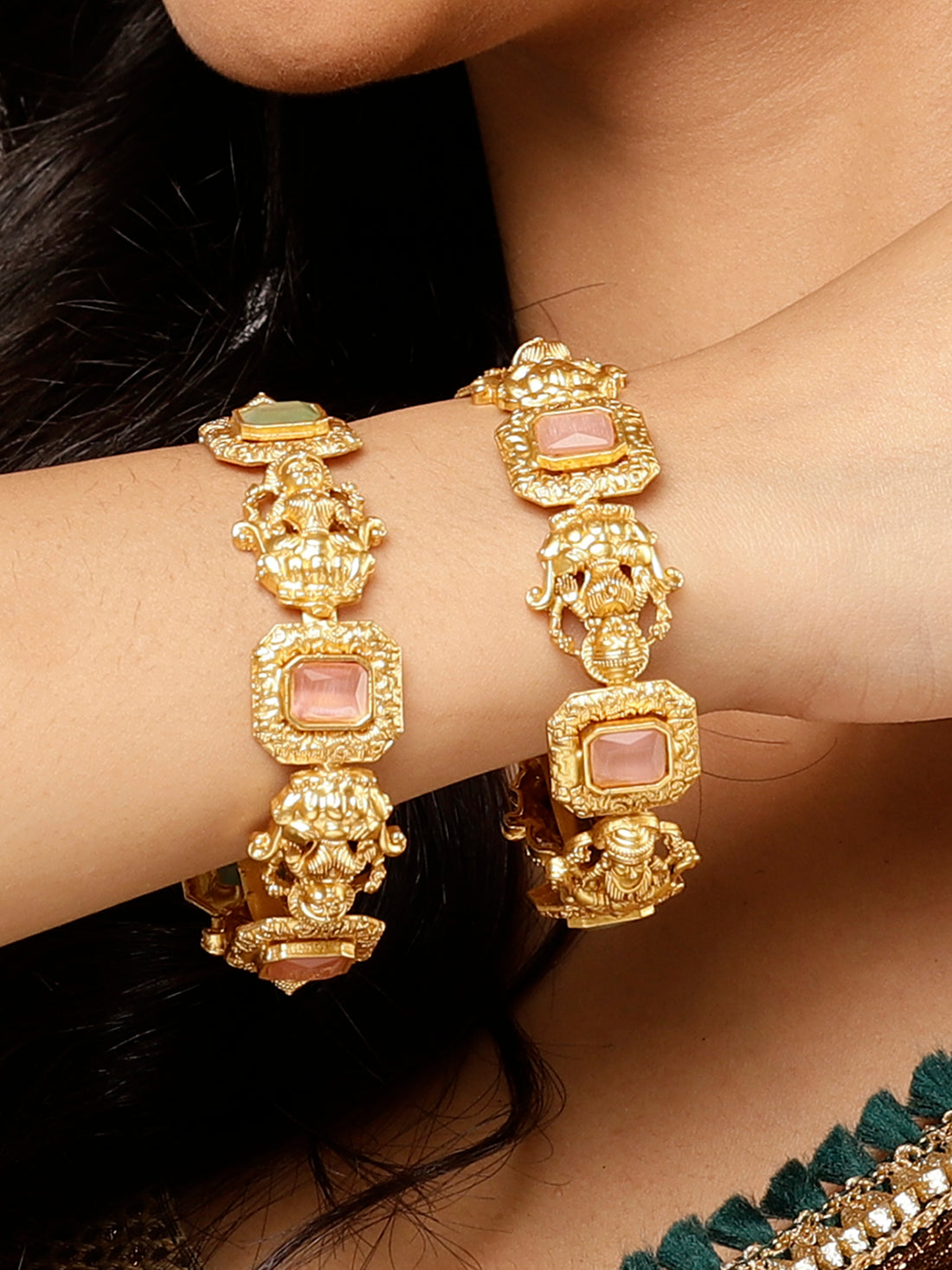 Karatcart Gold Plated Set of 2 Pink and Lime Green Stone Laxmi Mata Bangles for Women