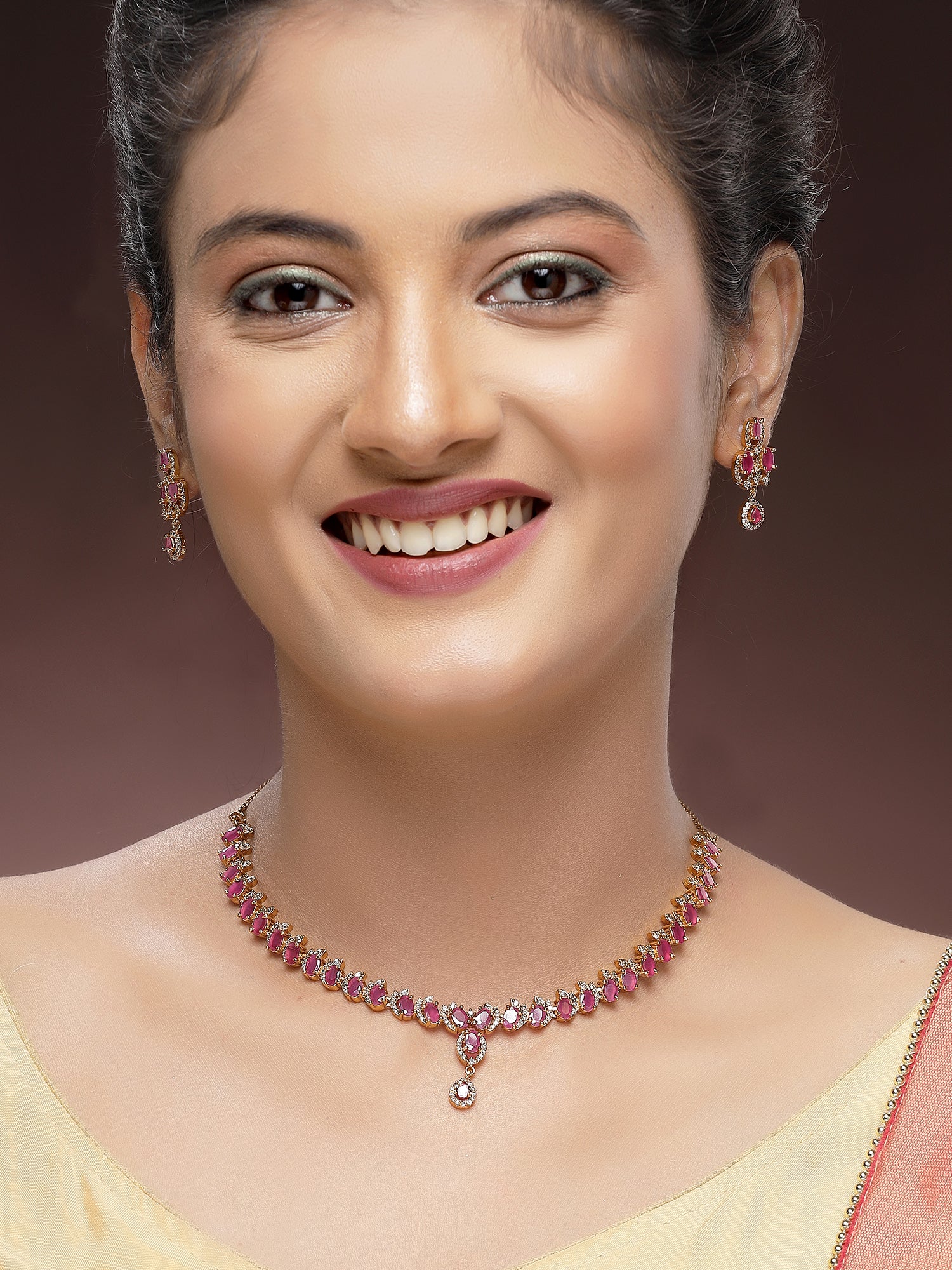 KARATCART Elegant Gold-Plated Red Oval American Diamond Jewellery Set for Women - view 3