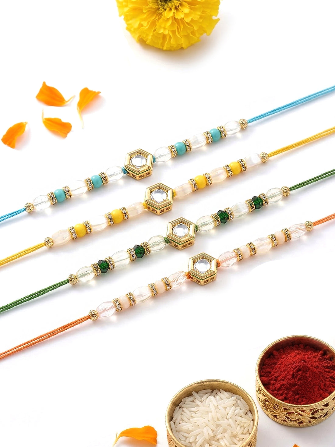 KARATCART Set of 4 Pearl Beads Hexagon Polki Kundan Design Rakhi for Brother with Roli & Chawal