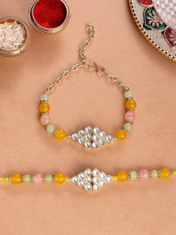 KARATCART Gold Plated Pastel Beads Designer Kundan Bhaiya Bhabhi Rakhi with Roli & Chawal