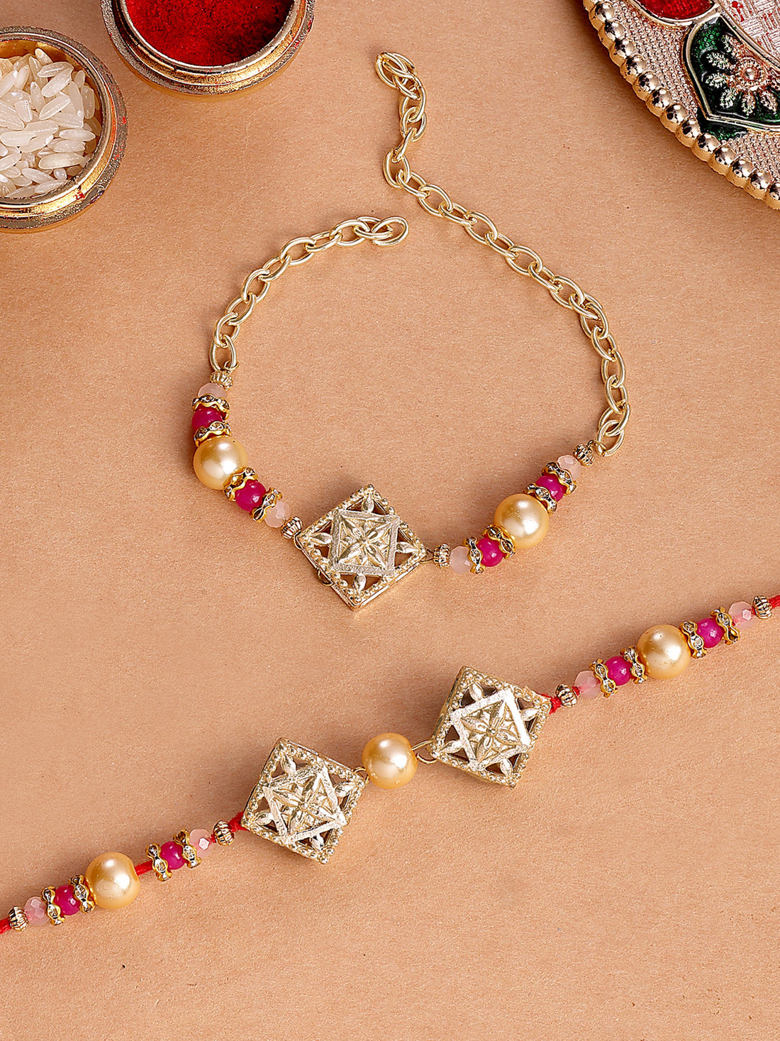 Karatcart Gold Plated Pink and Golden Beads Kundan Bhiya Bhabhi Rakhi with Roli & Chawal