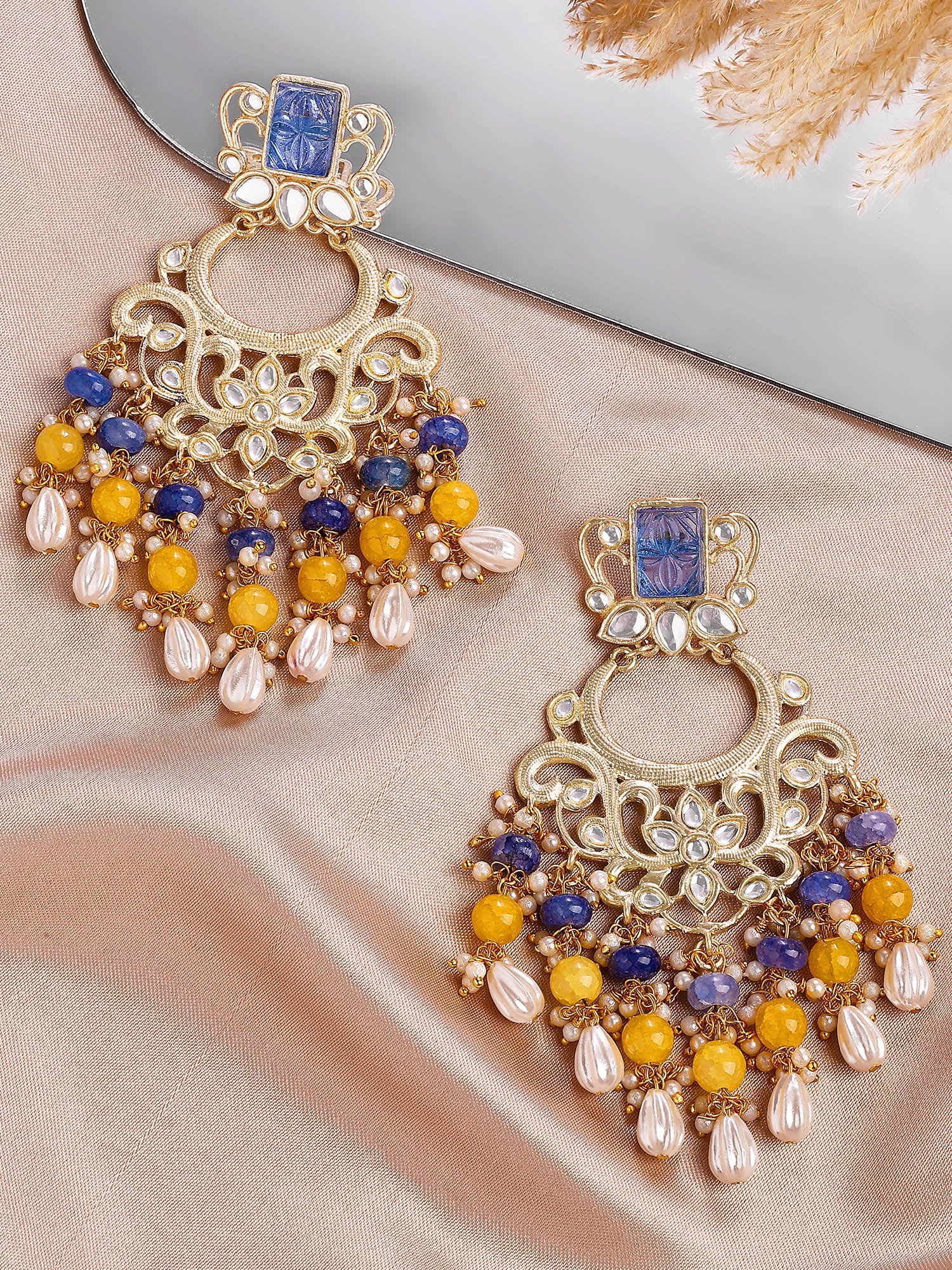 KARATCART Designer Gold-Plated Blue and Yellow Bead Kundan Dangler Earrings for Women - Image 1