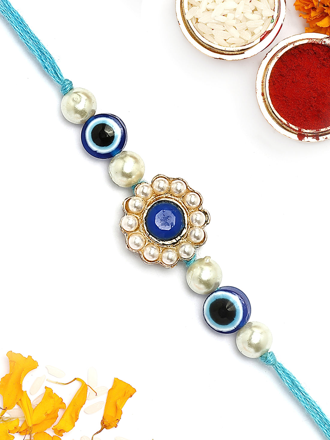 KARATCART Gold Plated Blue Evil Eye Kundan Bhaiya Rakhi with Roli & Chawal