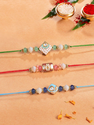 KARATCART Set of 3 Pastel Enamel Kundan Rakhi Combo for Brother with Roli & Chawal