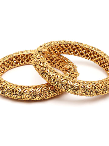 Karatcart Set of 2 Antique Floral Rajwadi Gold Plated Temple Bangles for Women