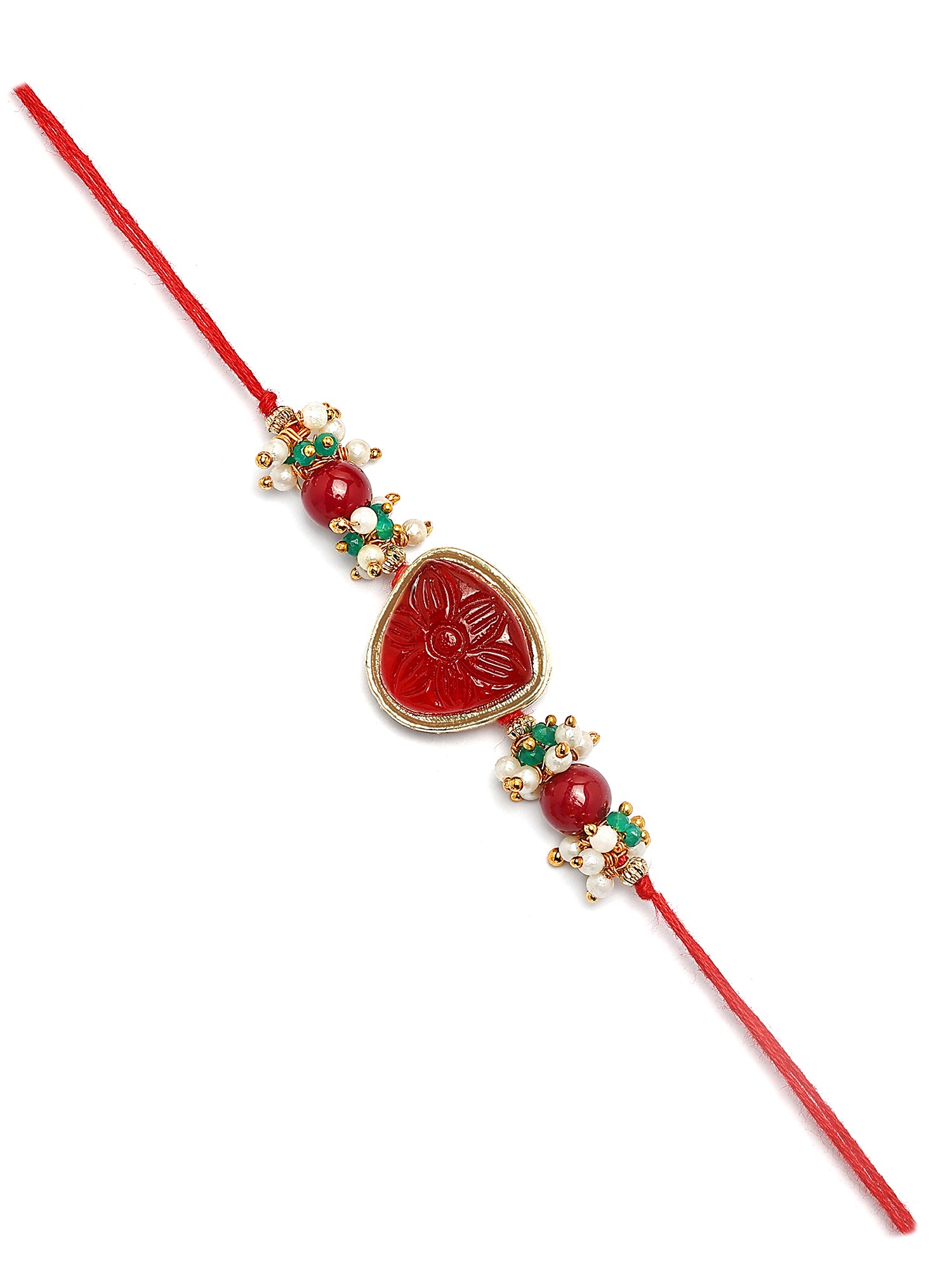 Karatcart Gold Plated Red Carved Stone Kundan Bhiya Rakhi with Roli & Chawal