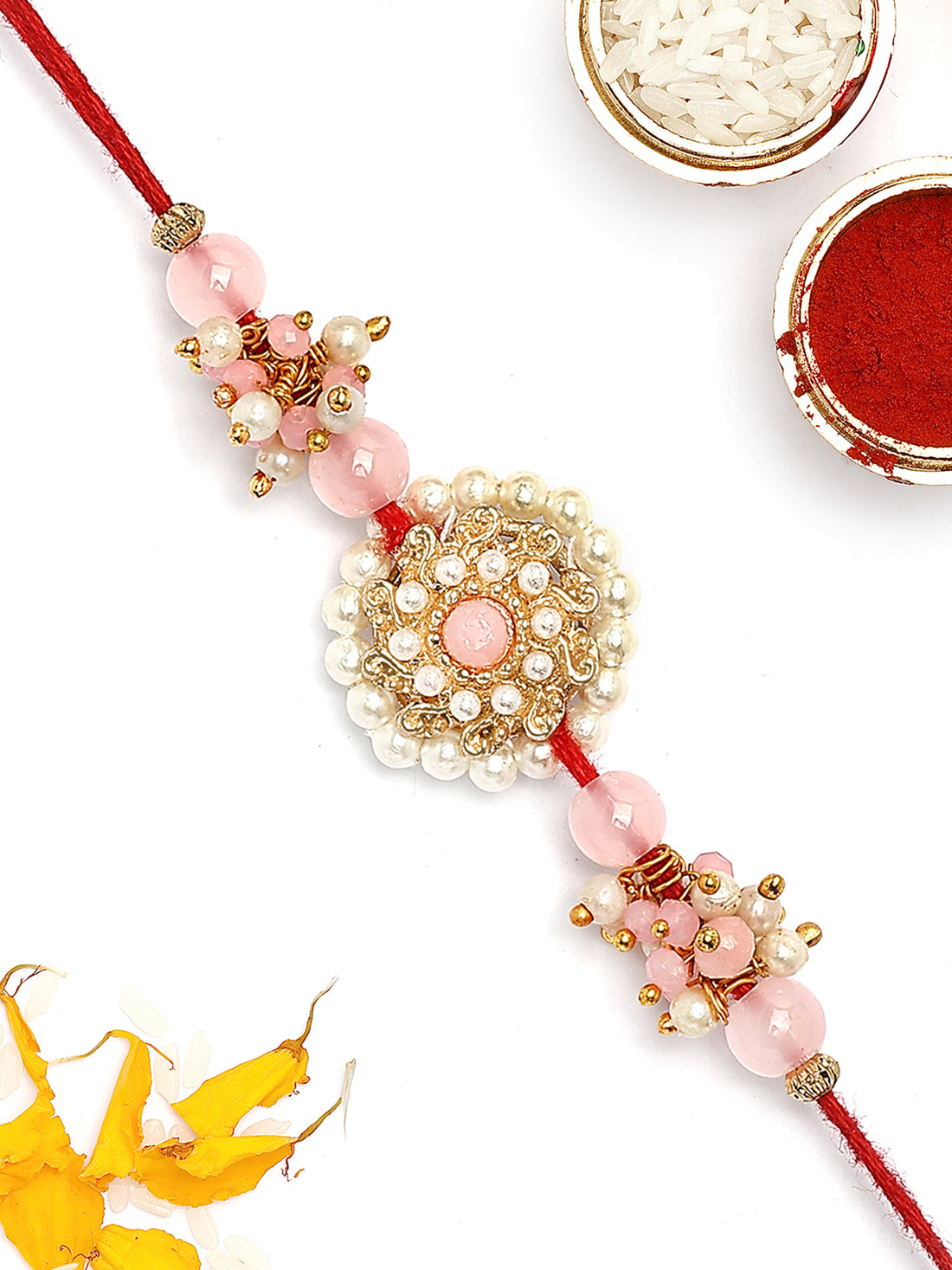KARATCART Gold Plated Pink Crystal Kundan Bhaiya Rakhi with Roli & Chawal