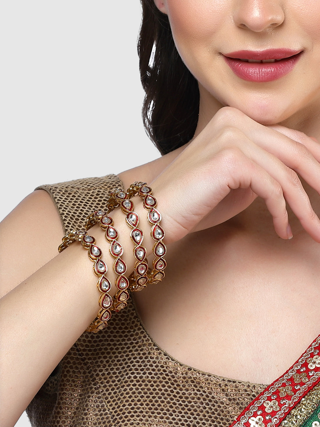 Karatcart Set of 4 Gold Plated Drop Shape Red Meena Kundan Bangles for Women
