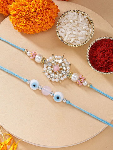 KARATCART Set of 2 Evil Eye and Pink Floral Kundan Handmade Rakhi for Brother with Roli & Chawal