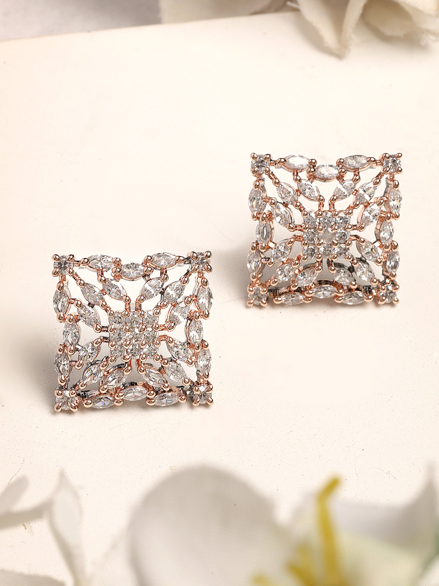 Karatcart Rose Gold and Black Plated American Diamond Stud Earrings for Women