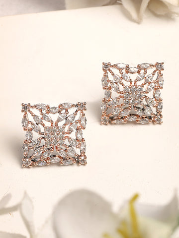 Karatcart Rose Gold and Black Plated American Diamond Stud Earrings for Women