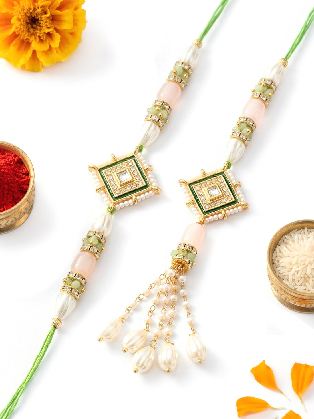 KARATCART Gold Plated Green Designer Kundan Pink Beads Bhaiya Bhabhi Rakhi with Roli & Chawal