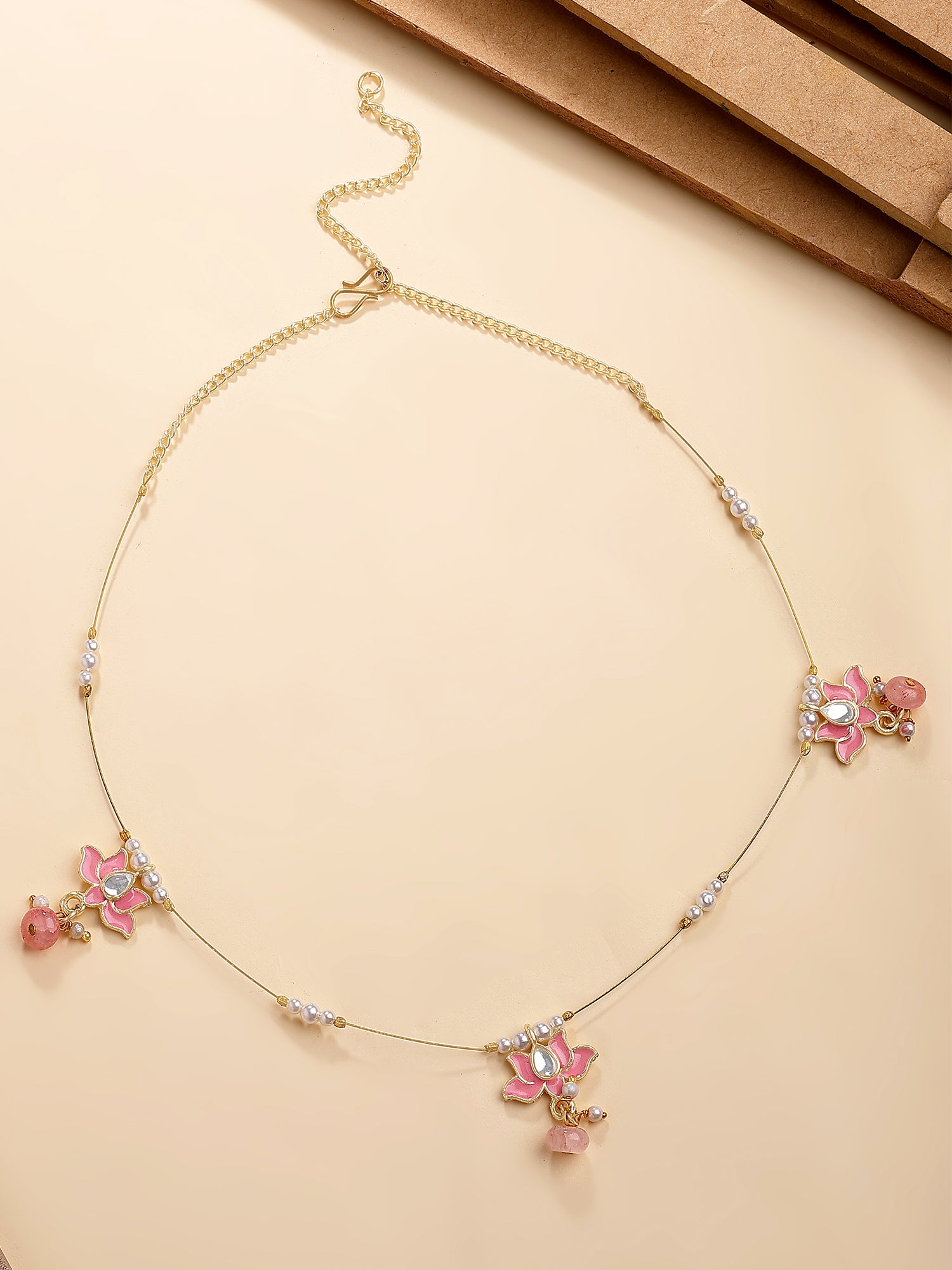 KARATCART Designer Gold-Plated Lotus-Shaped Pink Meena Kundan Minimalist Necklace for Women