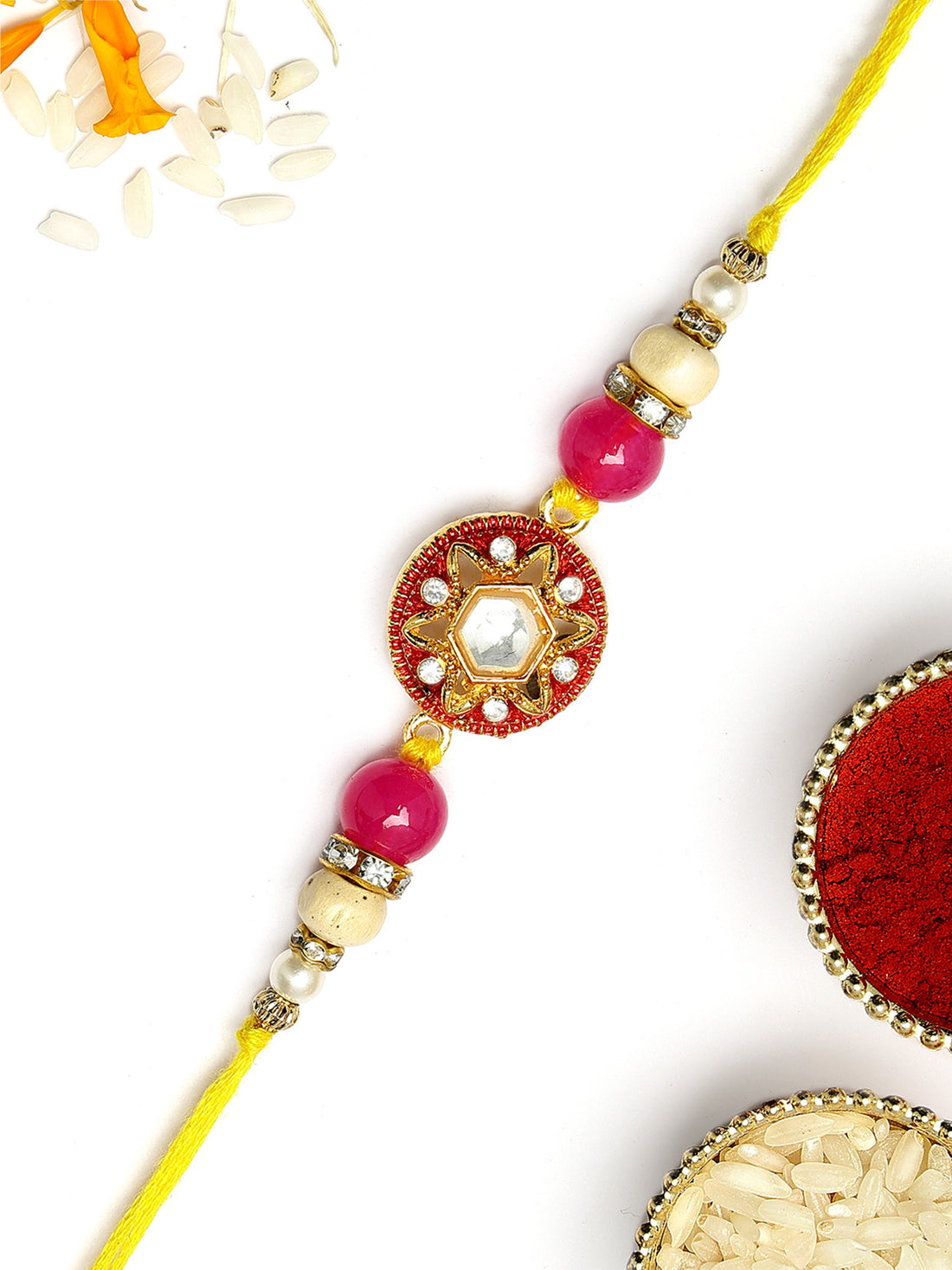 KARATCART Beautiful Floral Design Pink Meena Handmade Kundan Rakhi for Brother with Roli & Chawal