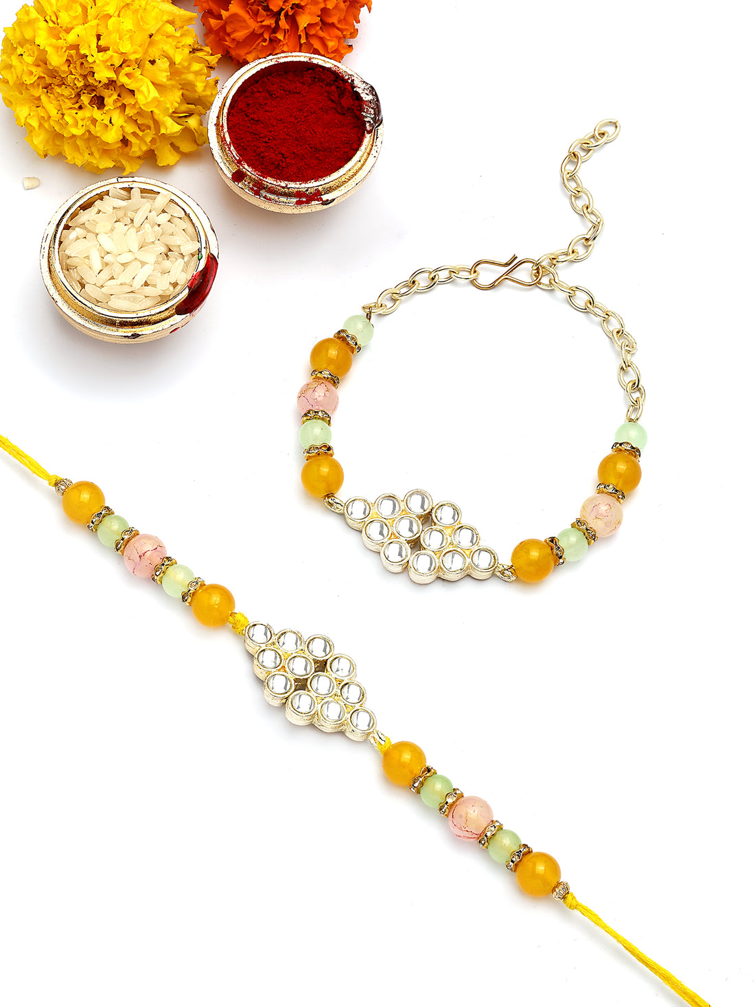 KARATCART Gold Plated Pastel Beads Designer Kundan Bhaiya Bhabhi Rakhi with Roli & Chawal