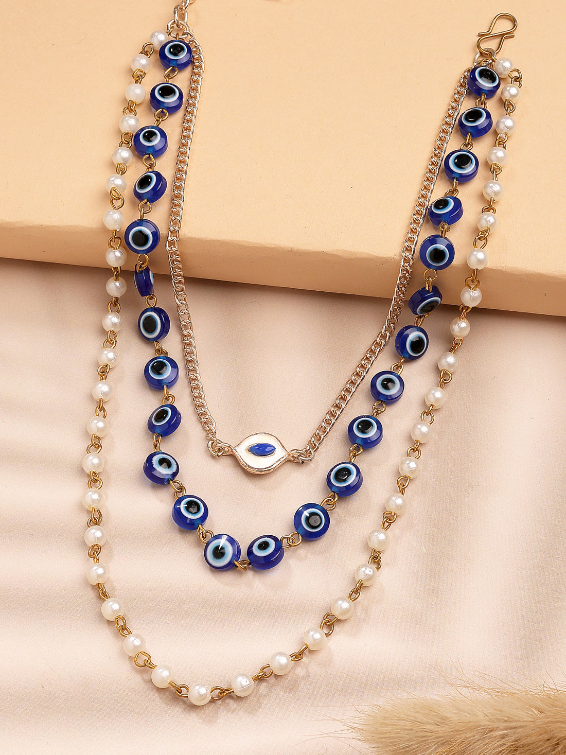 Bohey by KARATCART Handcrafted Multi-Strand Necklace with Evil Eye and Pearls for Women