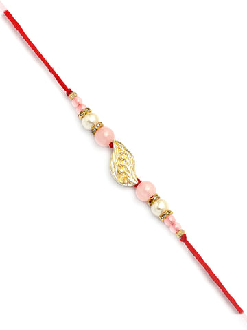Karatcart Gold Plated Pink Beads Feather Kundan Bhiya Bhabhi Rakhi with Roli & Chawal
