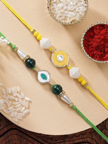 KARATCART Set of 2 Green and Yellow Evil Eye Handmade Kundan Rakhi for Brother with Roli & Chawal