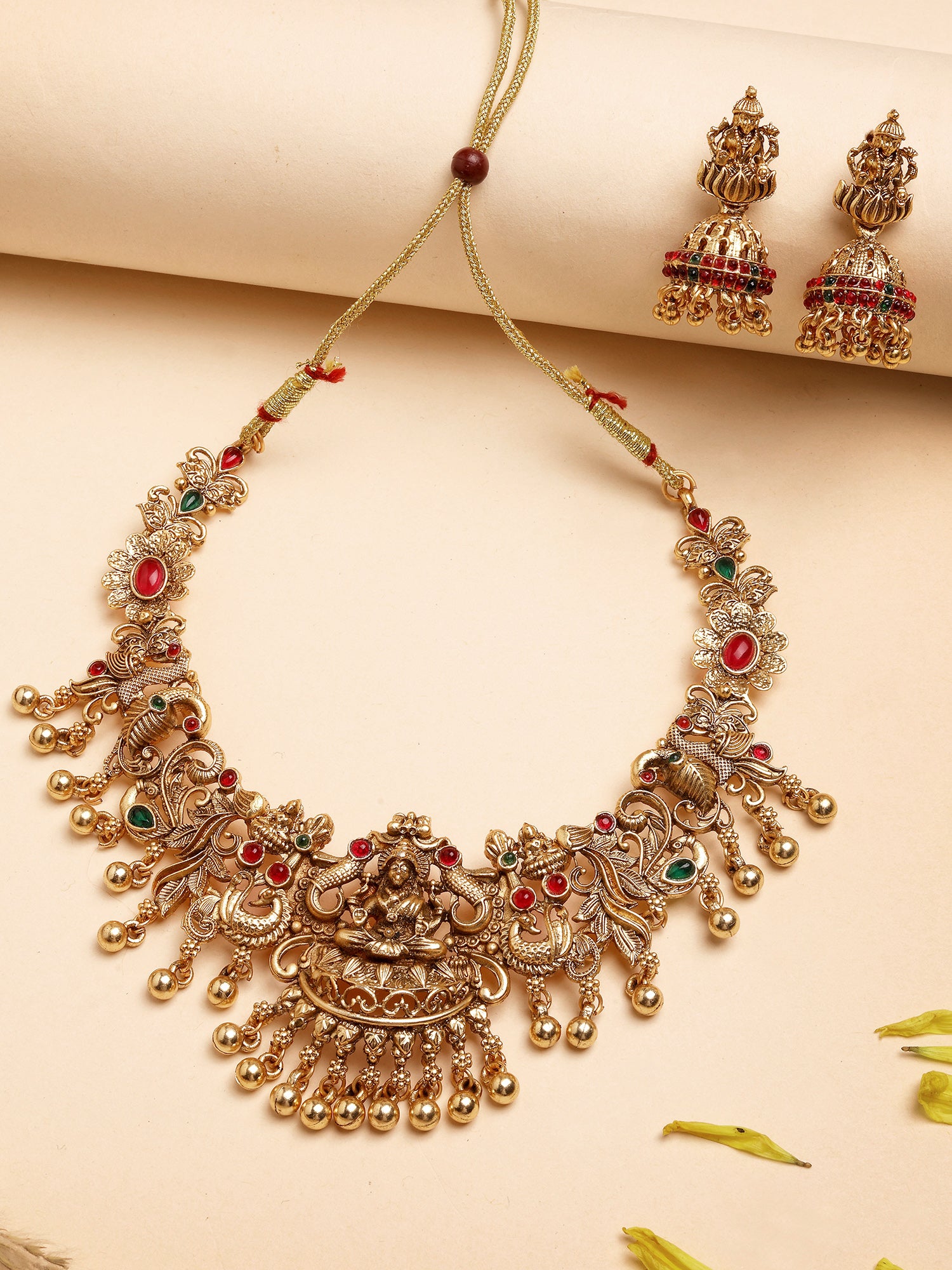 Karatcart Exquisite Gold-Plated Temple Jewellery Set with Goddess Lakshmi Motif & Pearl Droplets for Women